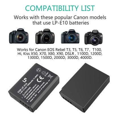 Paquete Doble Batería Y Cargador LP-E10 Compatible Canon EOS Rebel T7 T6 T5 Y Más