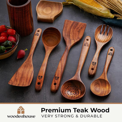 Juego De 8 Utensilios Cocina Madera Con Soporte Cucharas Teca Natural