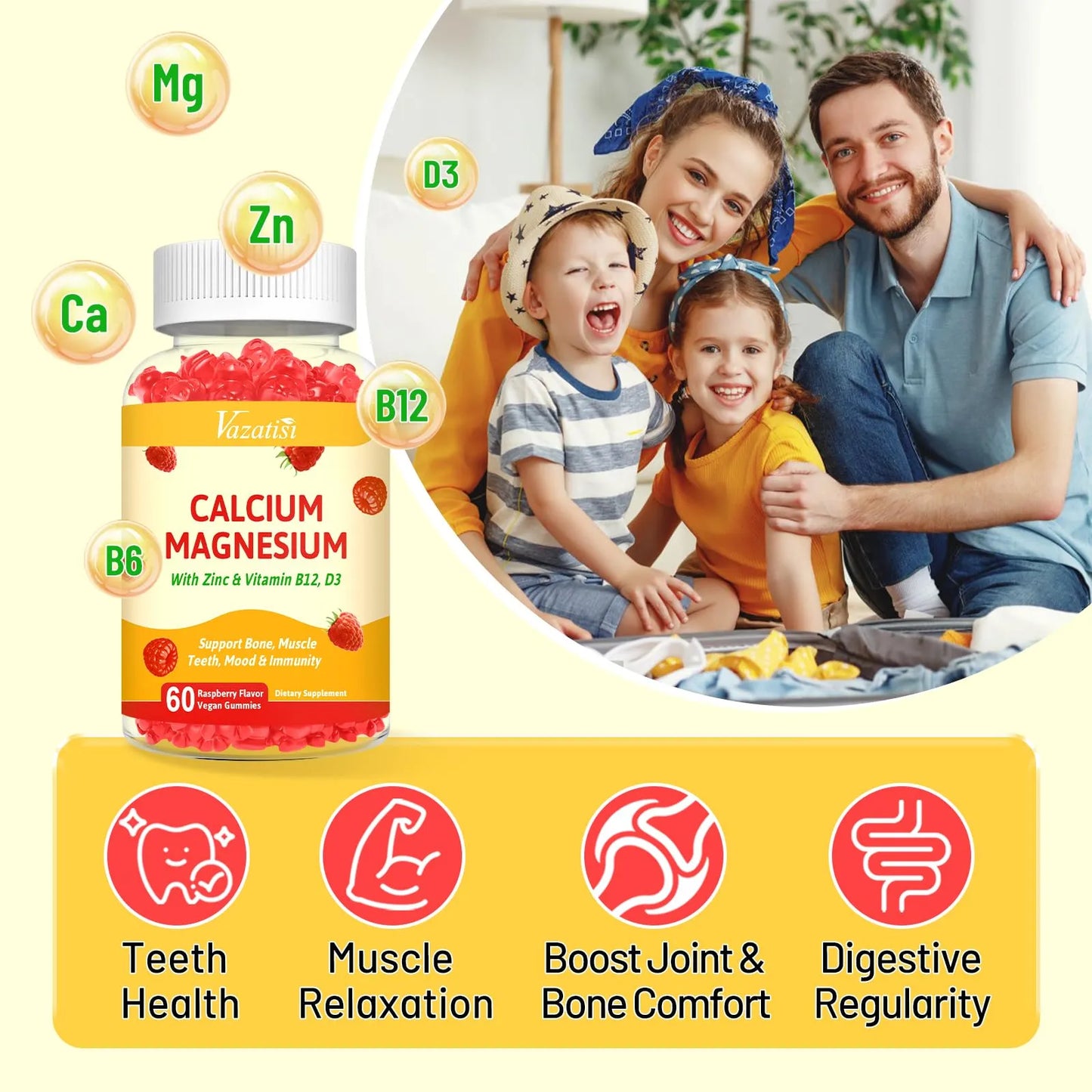 Gomitas De Calcio Magnesio Zinc Vitamina D3 B12 Sabor Frambuesa Suplemento Nutricional