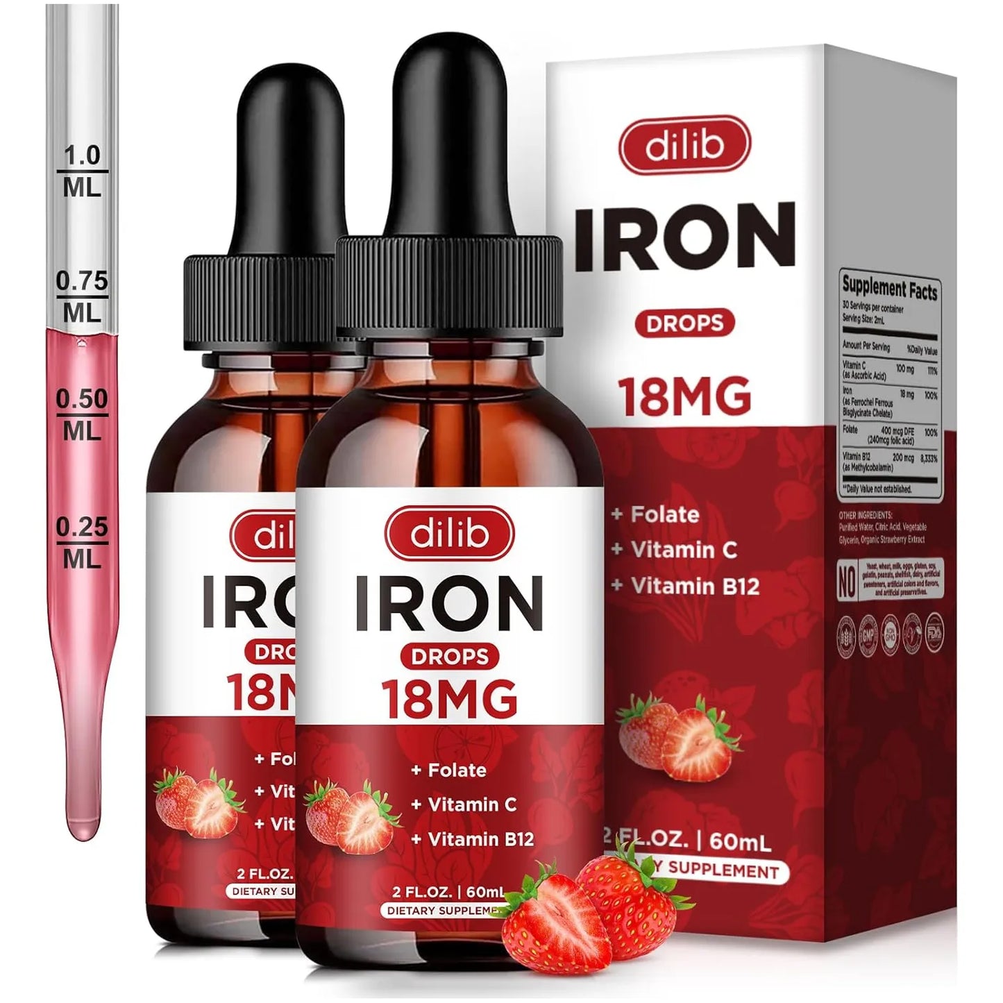 Suplemento De Hierro Liquido Con Vitamina C B12 Y Folato Sabor Fresa 4 Oz