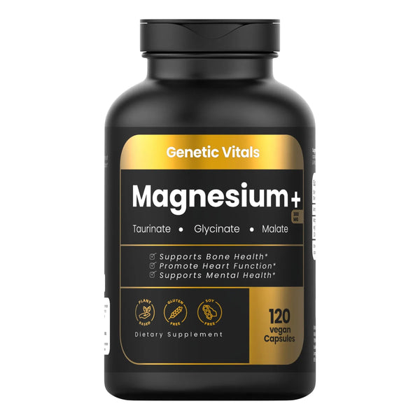 Complejo Triple Magnesio 300mg Glicinato Taurato Malato Alta Absorción 120 Cápsulas Vegano