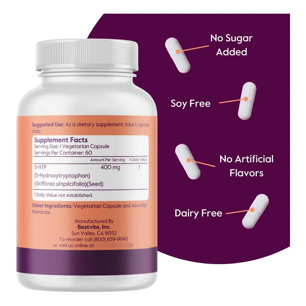 Capsulas De 5 Htp 400 Mg 60 Unidades Vegano Sin Estearatos Sin Gluten