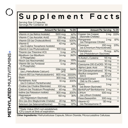 Multivitaminico Metilado Completo Con Vitaminas A B C D E K2 B12 Y Minerales 90 Capsulas