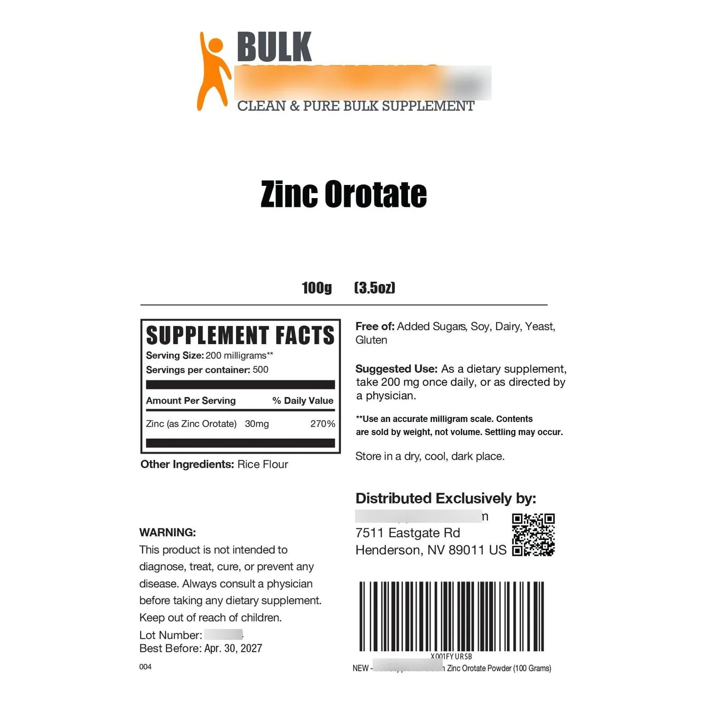 Polvo De Orotato De Zinc 200 Mg Apoyo Inmunológico Sin Gluten 100 G