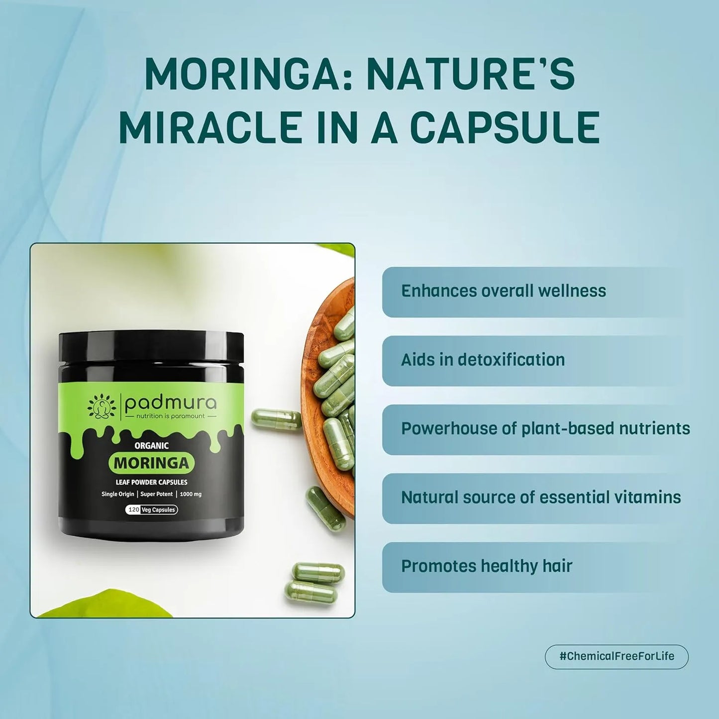 Cápsulas Orgánicas De Moringa Oleifera 1000 Mg Apoyo Inmunológico Vegano Sin Gluten