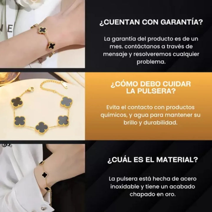 Elegante Pulsera Negra Trébol Cuatro Hojas Regalo Joyeria - Imagen 6