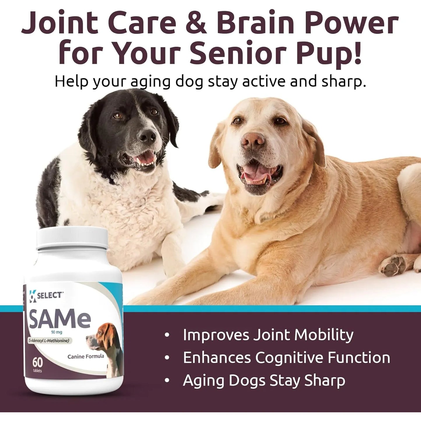 K9 Select SAM-e Para Perros Pequeños Y Medianos 60 Tabletas 90 Mg Suplemento Hepático Y Articular