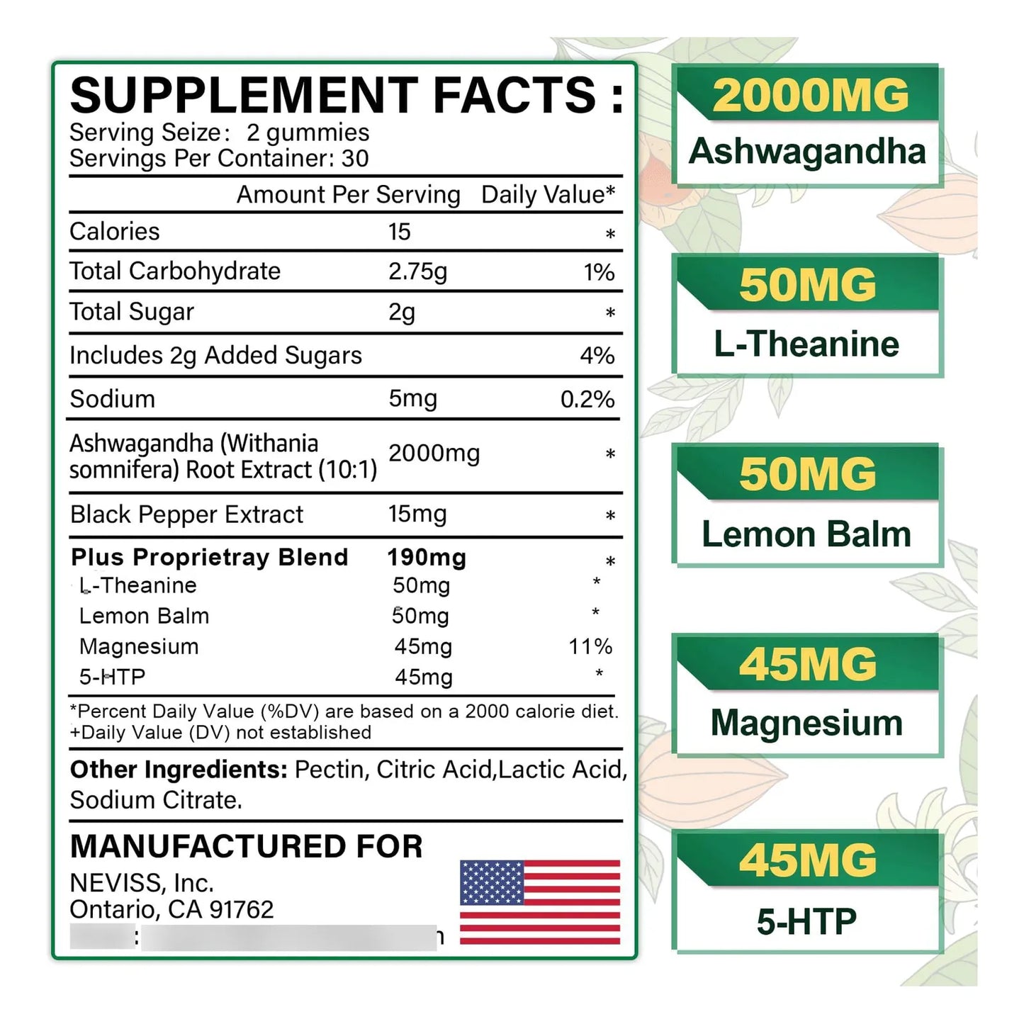 Gomitas De Ashwagandha 2000 Mg Con 5 HTP Y L Teanina Para Calma Y Sueño