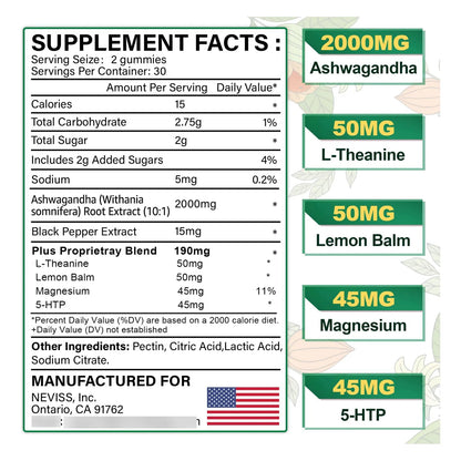 Gomitas De Ashwagandha 2000 Mg Con 5 HTP Y L Teanina Para Calma Y Sueño