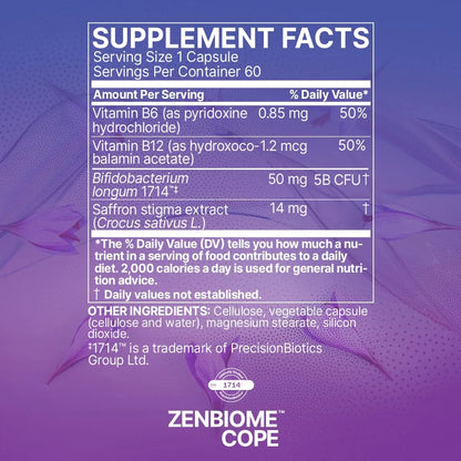 Zenbiome COPE Probiótico Para Salud Intestinal Y Estado De Ánimo Con Vitaminas B6 B12 Y Azafrán