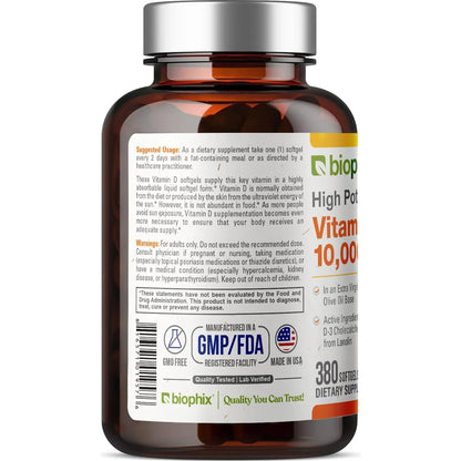 Vitamina D3 10000 UI 380 Cápsulas Blandas Alta Potencia En Aceite De Oliva