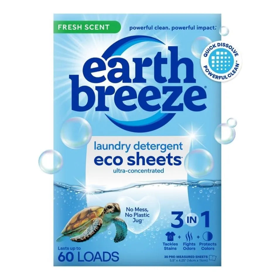 Hojas De Detergente Concentrado Earth Breeze 60 Cargas Aroma Fresco Sin Plastico