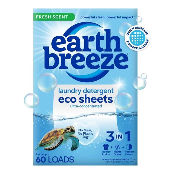 Hojas De Detergente Concentrado Earth Breeze 60 Cargas Aroma Fresco Sin Plastico