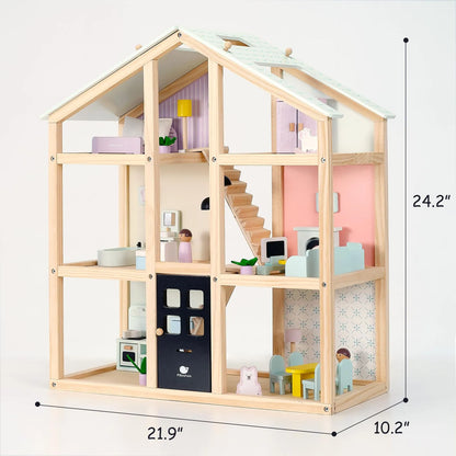 Casa De Muñecas Grande De Madera Con 38 Accesorios Muebles 3 Pisos Juguete Educativo