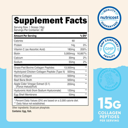 Complejo Proteínas Colágeno Múltiple Sabor Neutro 30 Porciones Nutricost Suplemento Con Biotina Y Ácido Hialurónico