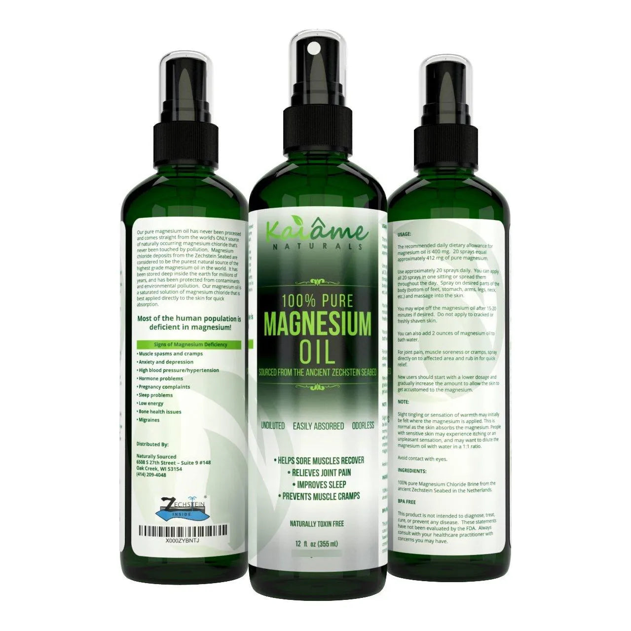 Aceite De Magnesio Spray Puro Orgánico 12 Oz Extraído De Zechstein Seabed Con Botella De Viaje