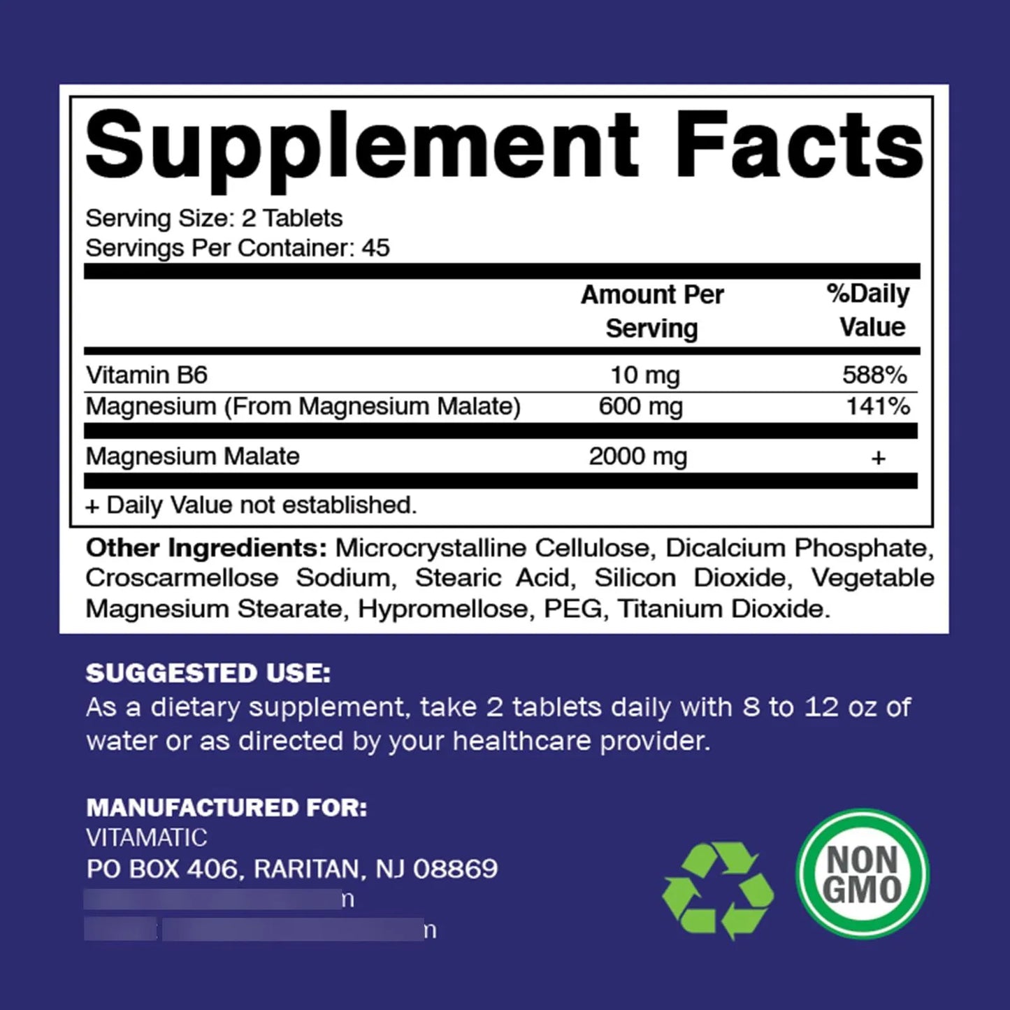 Malato De Magnesio 2000 Mg 90 Tabletas Con B6 Maxima Absorcion Salud Muscular Y Cardíaca