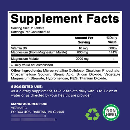 Malato De Magnesio 2000 Mg 90 Tabletas Con B6 Maxima Absorcion Salud Muscular Y Cardíaca