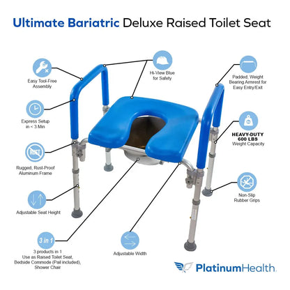 Asiento De Inodoro Elevado Bariátrico Acolchado Ajustable Con Reposabrazos