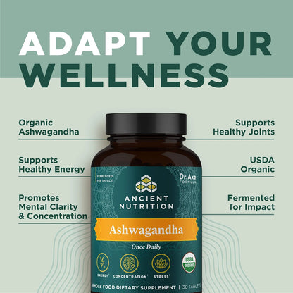 Tabletas Ashwagandha Energía Concentración Alivio Estrés 30 Cápsulas USDA Orgánico