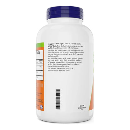Espirulina Orgánica Doble Fuerza 1000 Mg 300 Comprimidos NOW Foods Suplemento Superalimento Verde