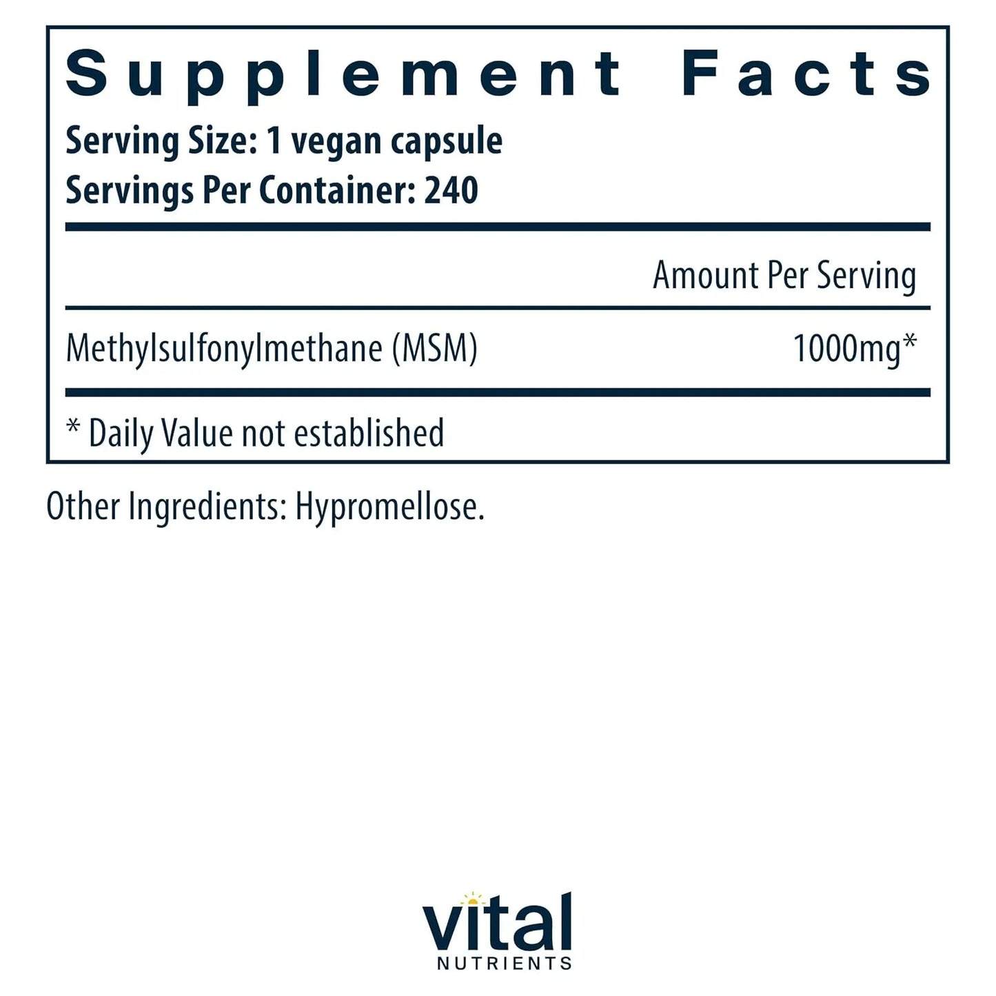 Msm 1000 Mg Azufre Organico Natural 240 Capsulas Vital Nutrients