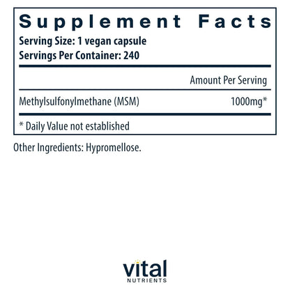 Msm 1000 Mg Azufre Organico Natural 240 Capsulas Vital Nutrients