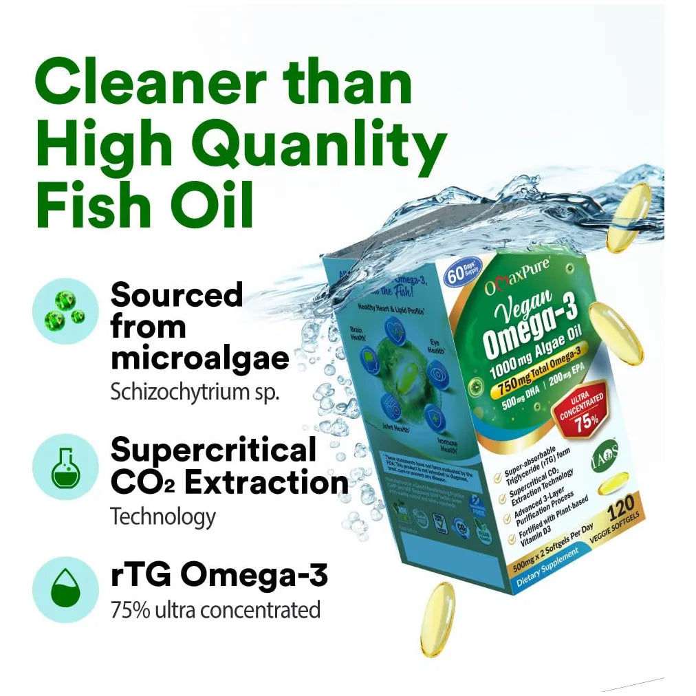 Aceite De Algas Omega 3 Vegano 750 Mg Con DHA Y EPA Para Corazón Y Cerebro