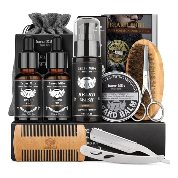 Kit Para Barba Isner Mile Completo Champú Aceite Bálsamo Cepillo Tijeras