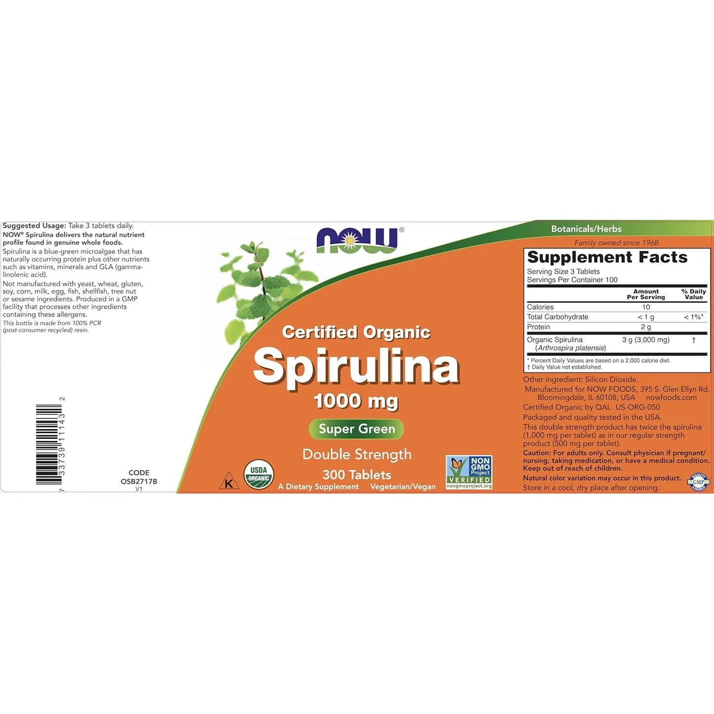 Espirulina Orgánica Doble Fuerza 1000 Mg 300 Comprimidos NOW Foods Suplemento Superalimento Verde