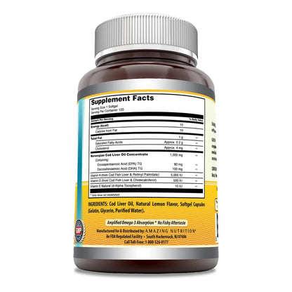 Aceite Hígado Bacalao Noruego 1000 Mg Omega3 Epa Dha Vitaminas A D E 120 Caps