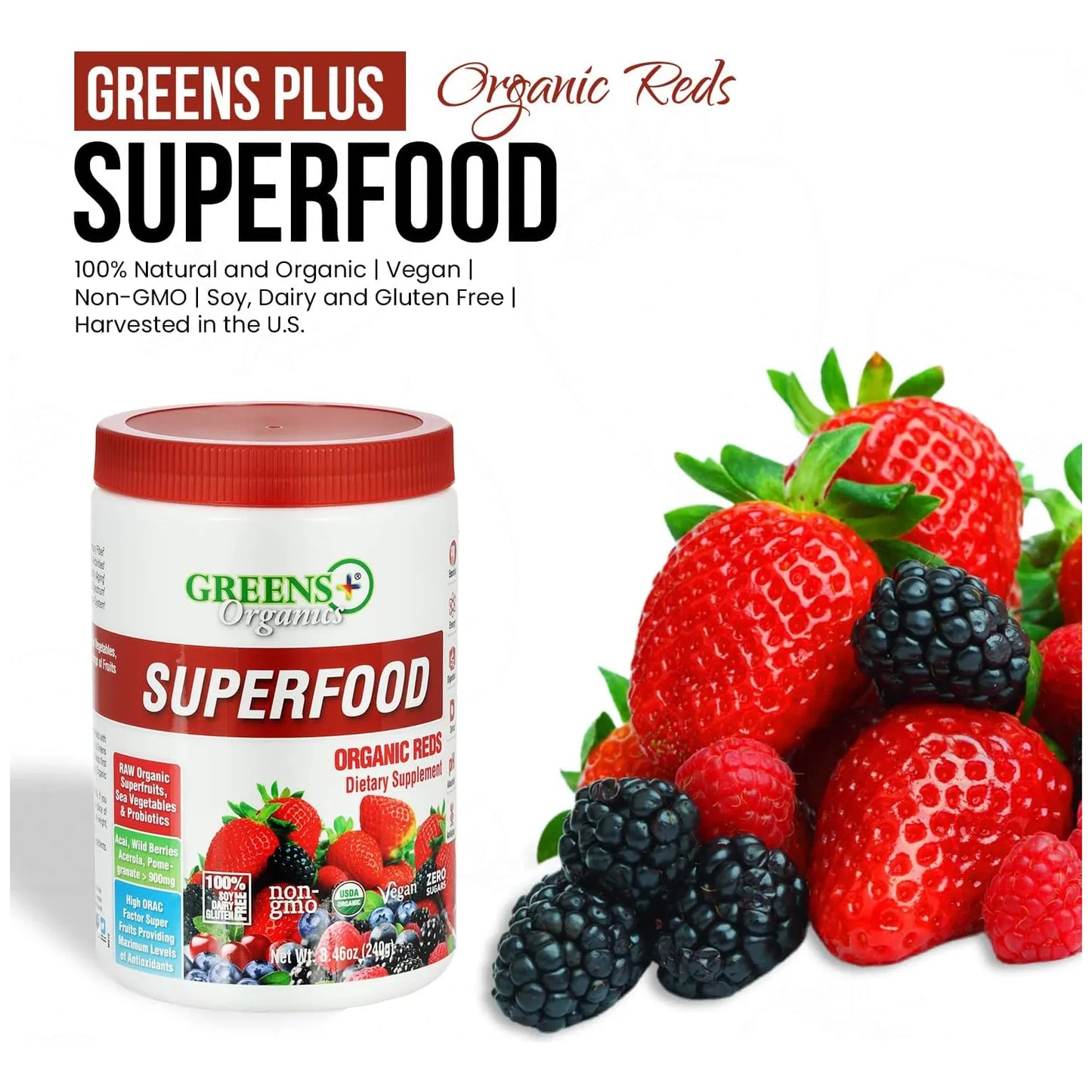 Polvo Orgánico De Superalimentos Rojos Energizante Con Superfrutas Y Verduras Marinas 8.46 Onzas