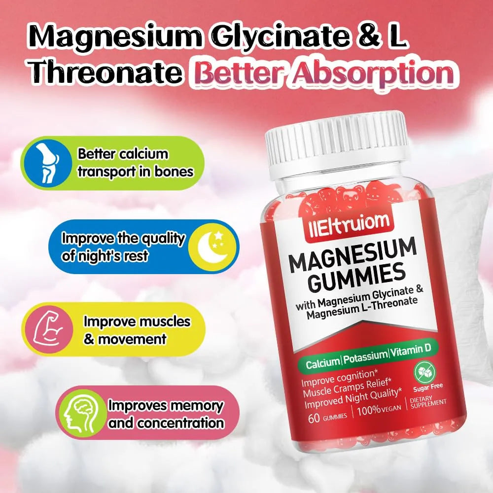 Gomitas De Glicinato De Magnesio 500 Mg Con L Treonato Vitamina D B6 Coq10 Vegano 60 Unidades