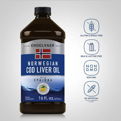 Aceite De Hígado De Bacalao Líquido 473 Ml Con EPA DHA Sabor Limón Engelvaer Norwegian