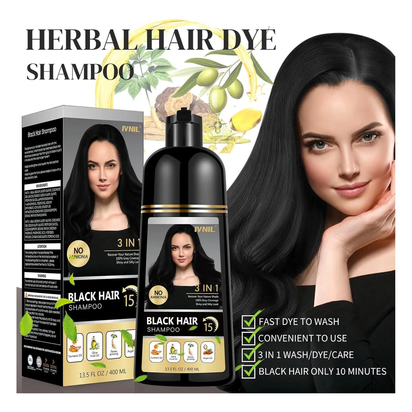 Champu Tinte Cabello Negro Permanente 3 En 1 Cobertura Canas 400Ml