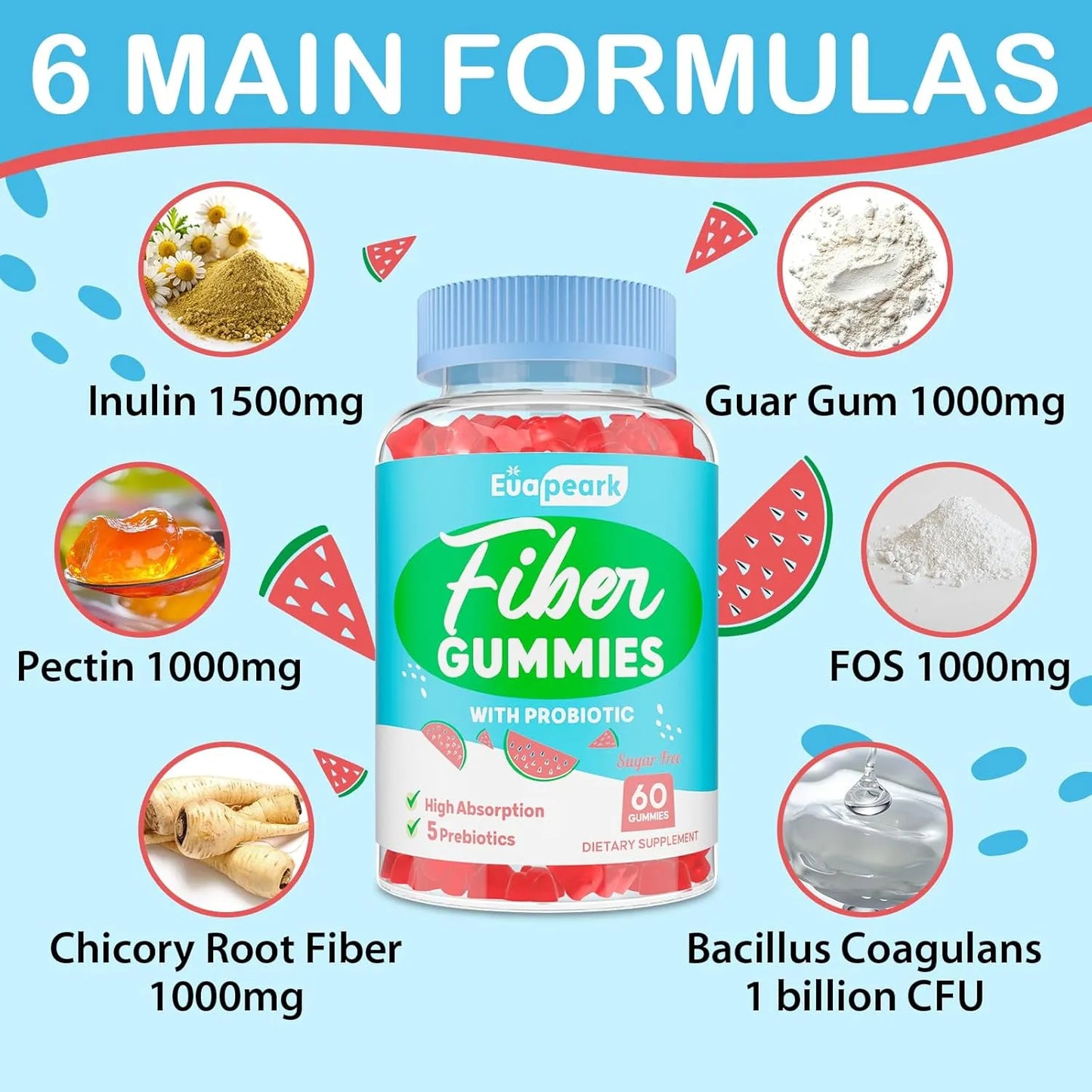 Gomitas De Fibra Prebiótica Probiótica 60 Unidades Sabor Sandía Veganas Sin Azúcar
