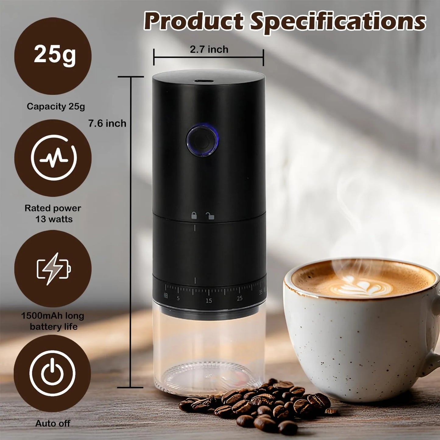 Molinillo De Café Ajustable 38 Niveles Recargable 1500 Mah Ideal Para Hogar Y Viajes