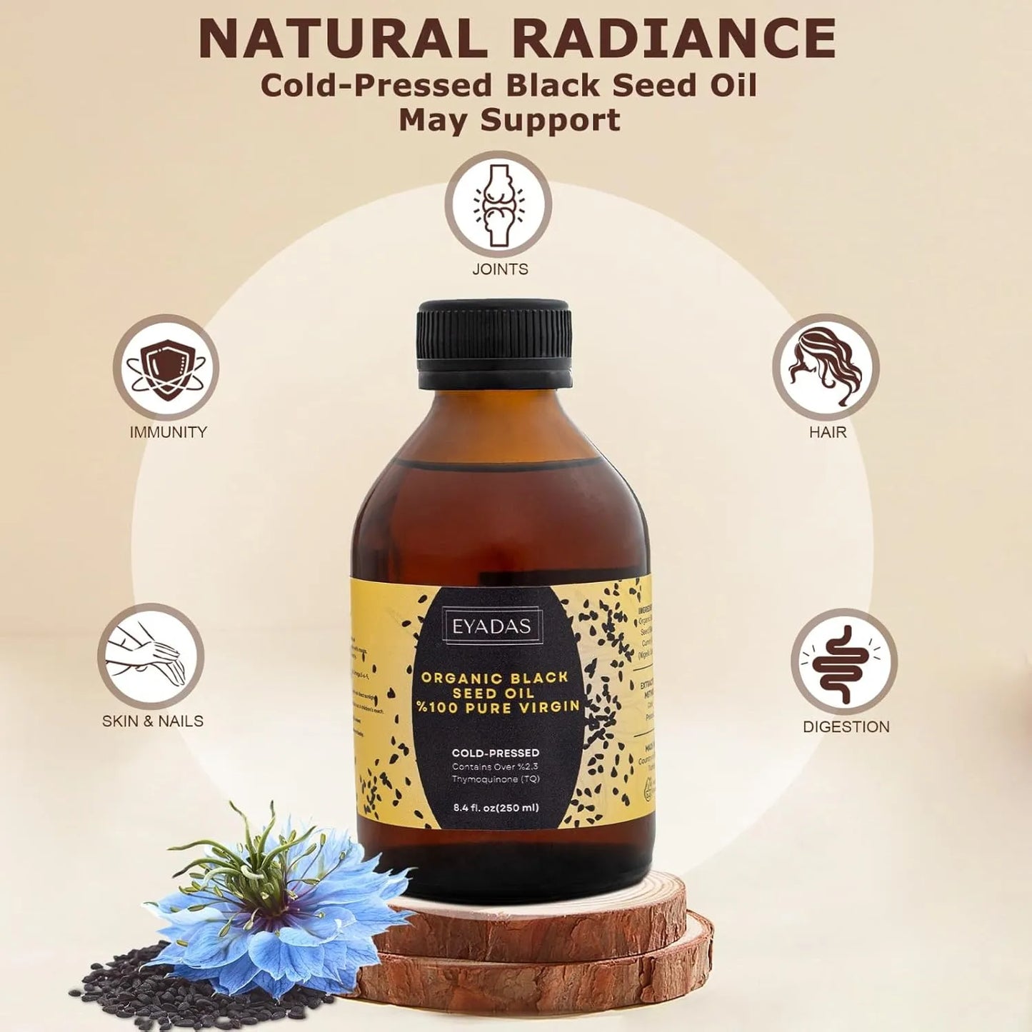 Aceite Organico De Semilla Negra 250 Ml Prensado En Frio Botella Vidrio Ambar