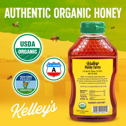Miel Cruda Orgánica Kelley's Botella Exprimible 24 Onzas Certificada USDA