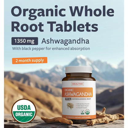 Ashwagandha Orgánica 1350 Mg Con Pimienta Negra 120 Tabletas Soporte Suprarrenal y Tiroides