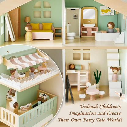 Casa De Muñecas De Madera Para Niños Con 53 Piezas Figuras Y Accesorios