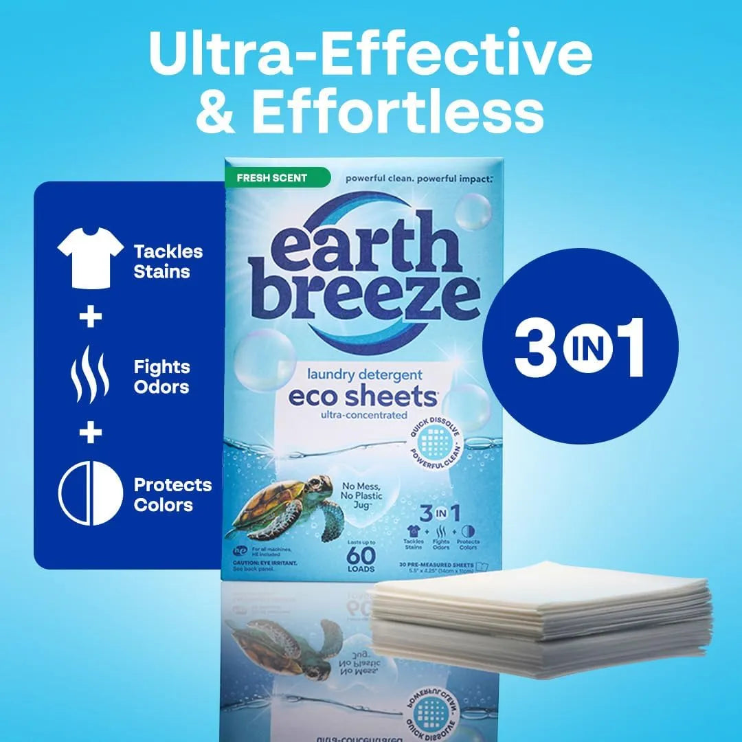 Hojas De Detergente Concentrado Earth Breeze 60 Cargas Aroma Fresco Sin Plastico