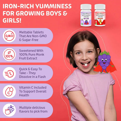 Tabletas Masticables De Hierro Sabor Uva Para Niños 9 Mg Con Vitamina C 90 Unidades