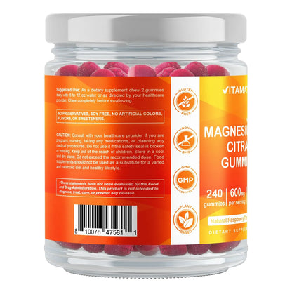 Gomitas De Citrato De Magnesio 600 Mg 240 Unidades Sabor Frambuesa Veganas