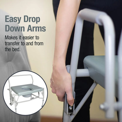 Inodoro Portátil Con Brazos Caídos Asiento Ancho Capacidad 500 Lbs Ideal Para Adultos Mayores