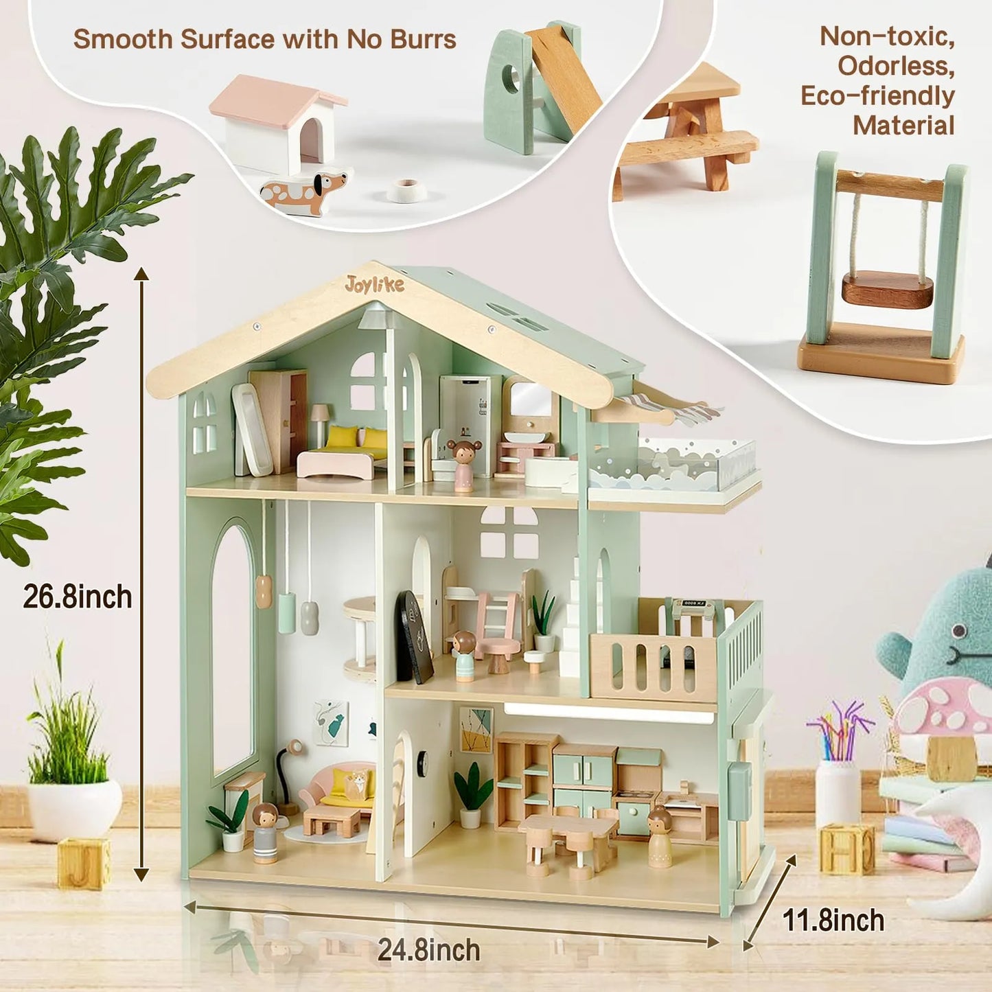 Casa De Muñecas De Madera Para Niños Con 53 Piezas Figuras Y Accesorios