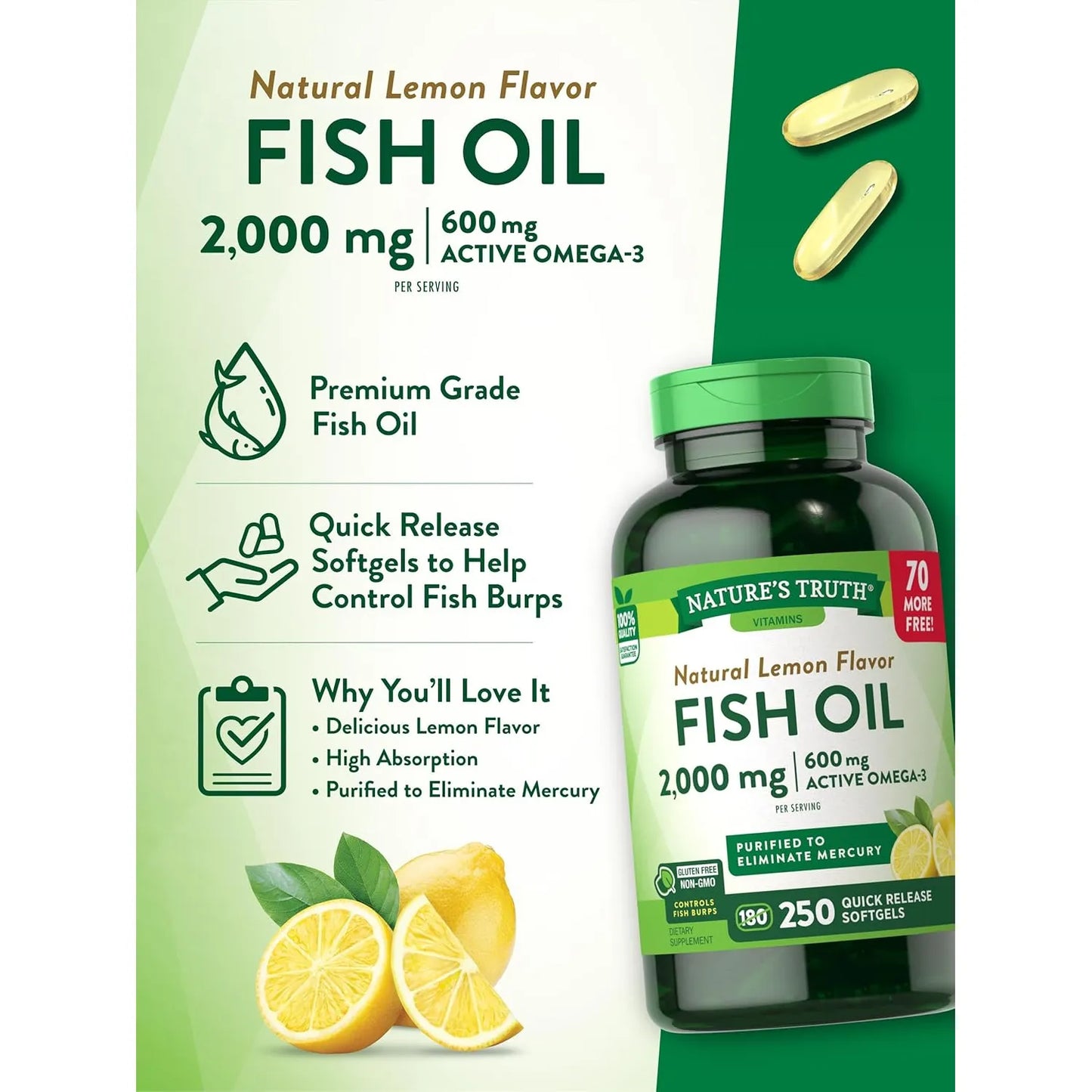 Pastillas Aceite Pescado 2000 Mg Omega 3 250 Capsulas Sabor Limon