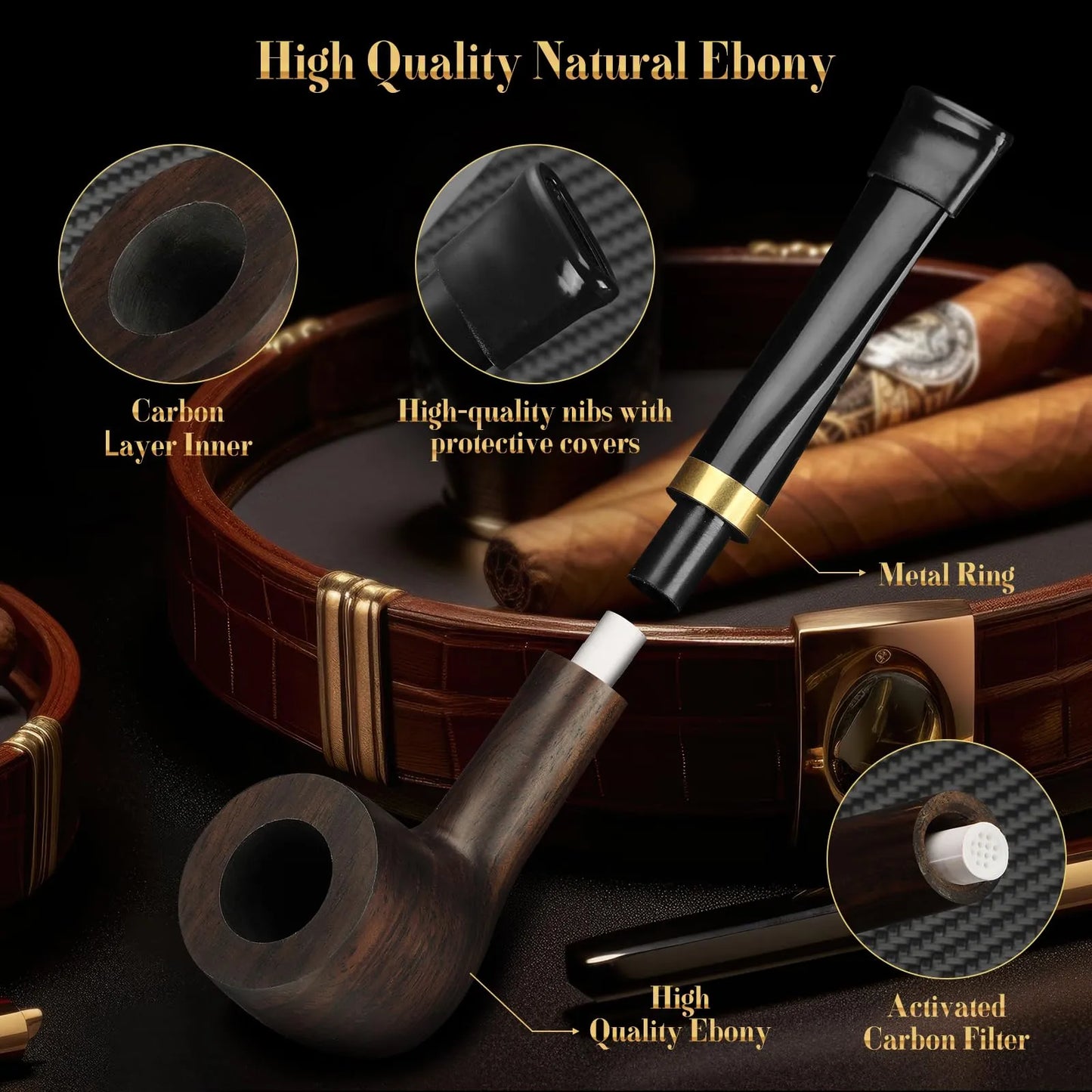 Juego De Pipa De Tabaco Artesanal En Madera Con Encendedor Y Estuche De Cuero Premium
