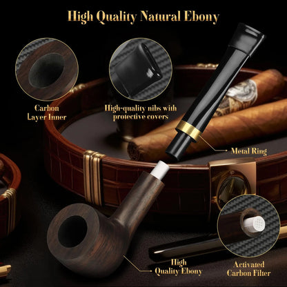 Juego De Pipa De Tabaco Artesanal En Madera Con Encendedor Y Estuche De Cuero Premium