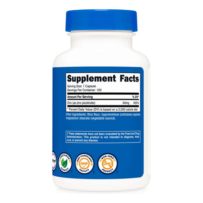 Picolinato De Zinc 50 Mg 120 Cápsulas Vegetarianas Alta Absorción Sin Gluten